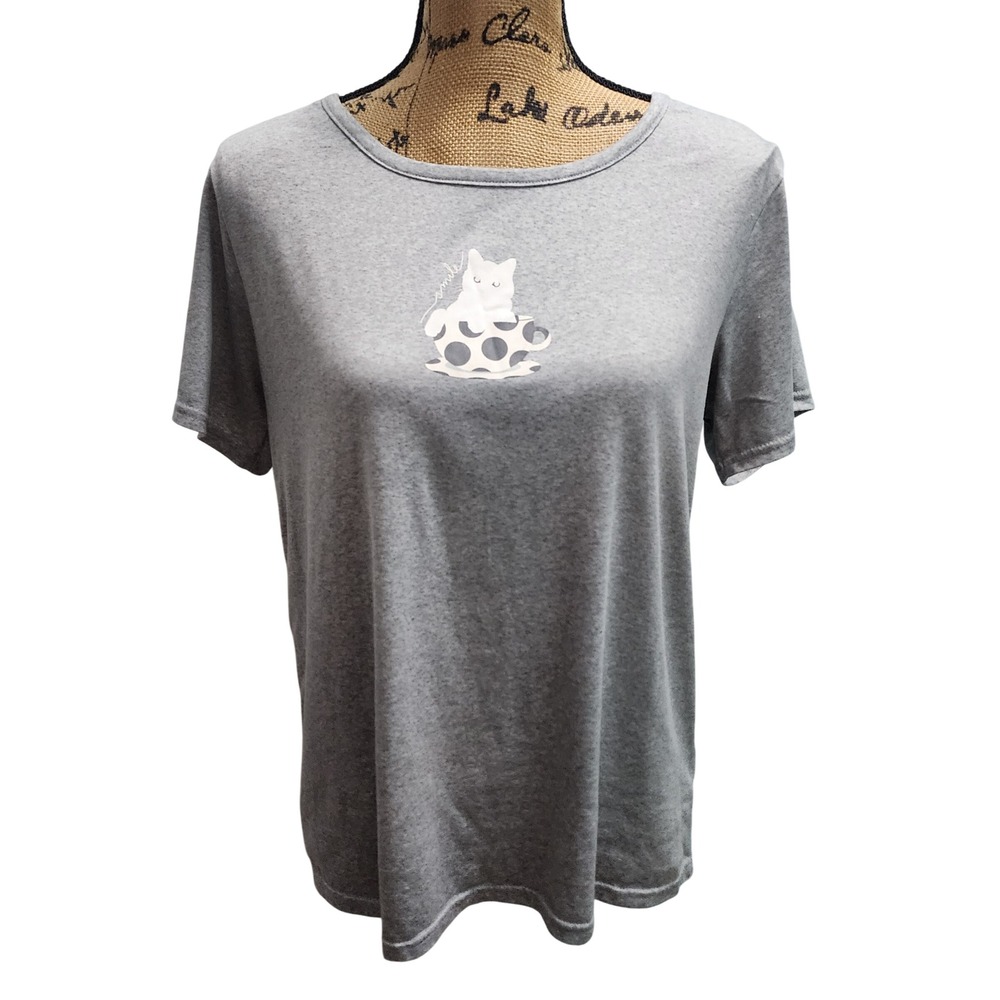 Ellen DeGeneres Gray Cat Coffee Cup Graphic‎ Tee Shirt Womens Medium M